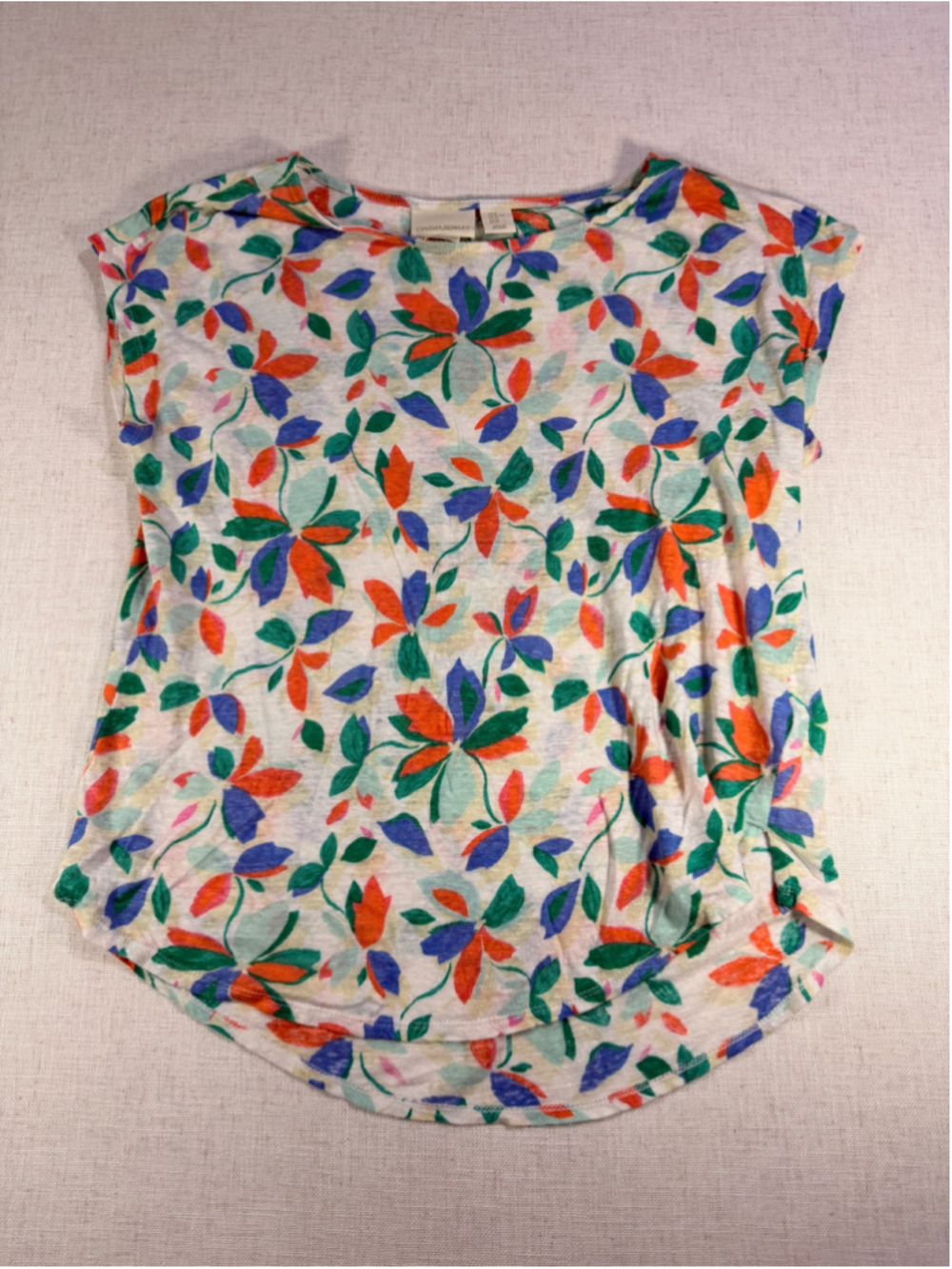 Cynthia Rowley Women’s 100% Linen Floral Cap Sleeve Top Multicolor Extra Large b
